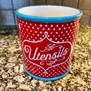 The Pioneer Woman Red Polka Dot Utensils Crock Teal Utensil Holder Stoneware